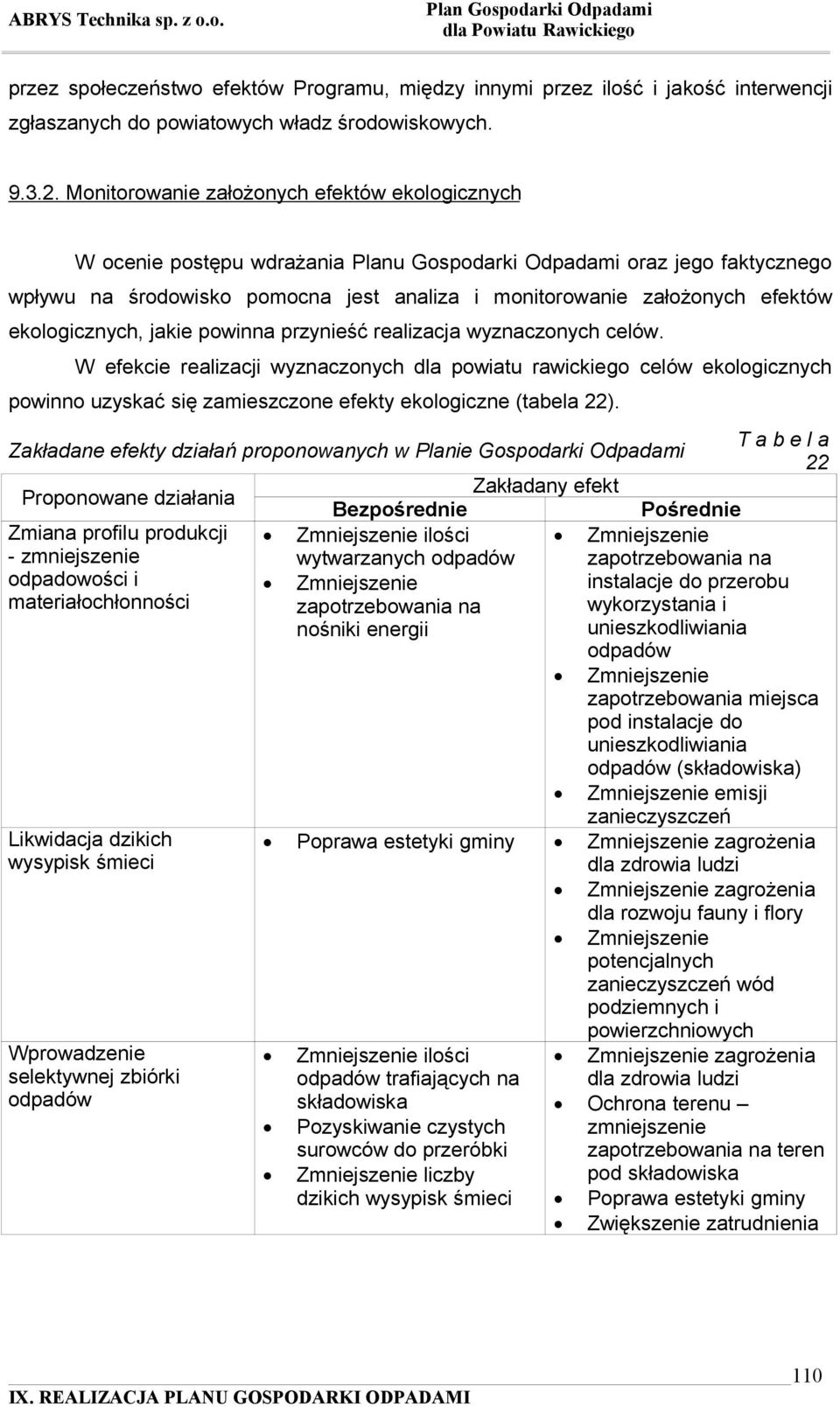 ekologicznych, jakie powinna przynieść realizacja wyznaczonych celów.