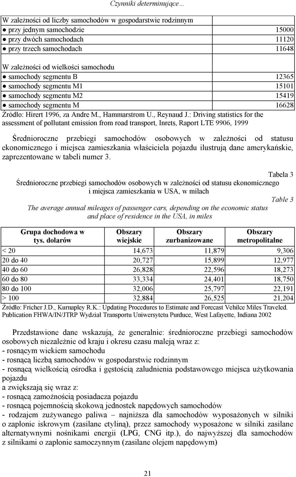 : Driving statistics for the assessment of pollutant emission from road transport, Inrets, Raport LTE 9906, 1999 Średnioroczne przebiegi samochodów osobowych w zależności od statusu ekonomicznego i