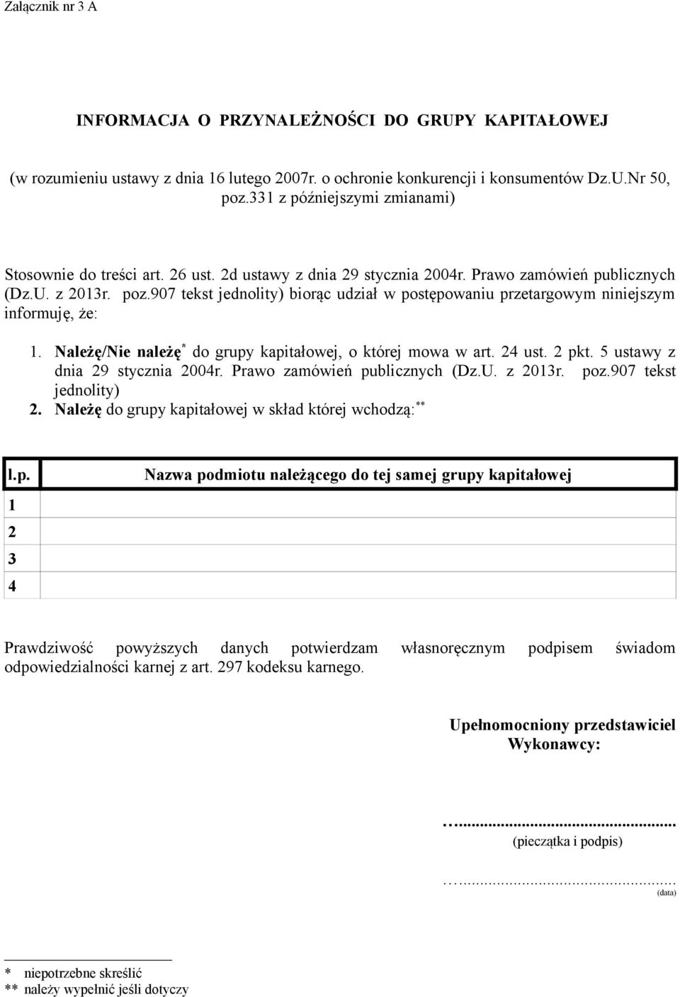 907 tekst jednolity) biorąc udział w postępowaniu przetargowym niniejszym informuję, że: 1. Należę/Nie należę * do grupy kapitałowej, o której mowa w art. 24 ust. 2 pkt.