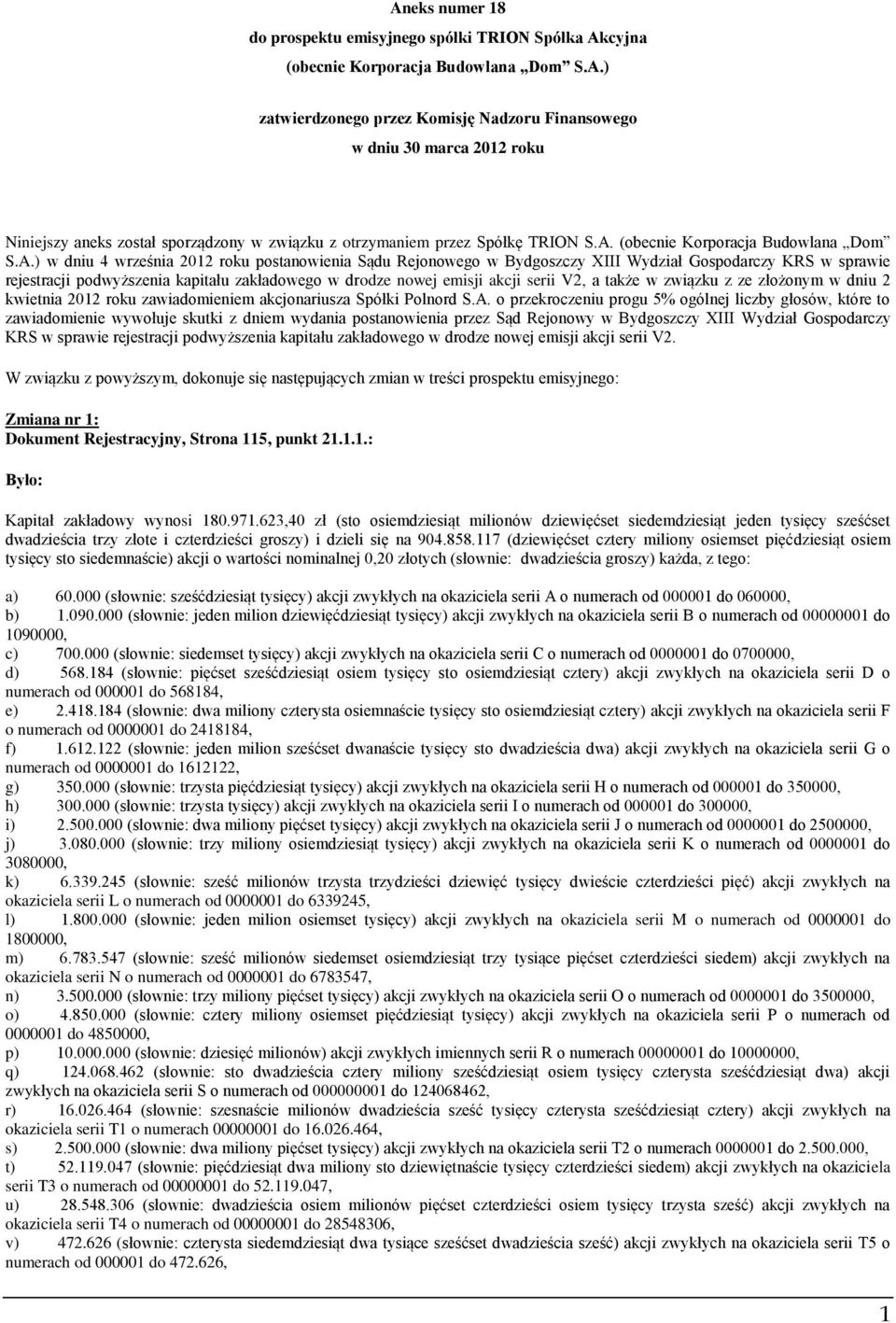w drodze nowej emisji akcji serii V2, a także w związku z ze złożonym w dniu 2 kwietnia 2012 roku zawiadomieniem akcjonariusza Spółki Polnord S.A.