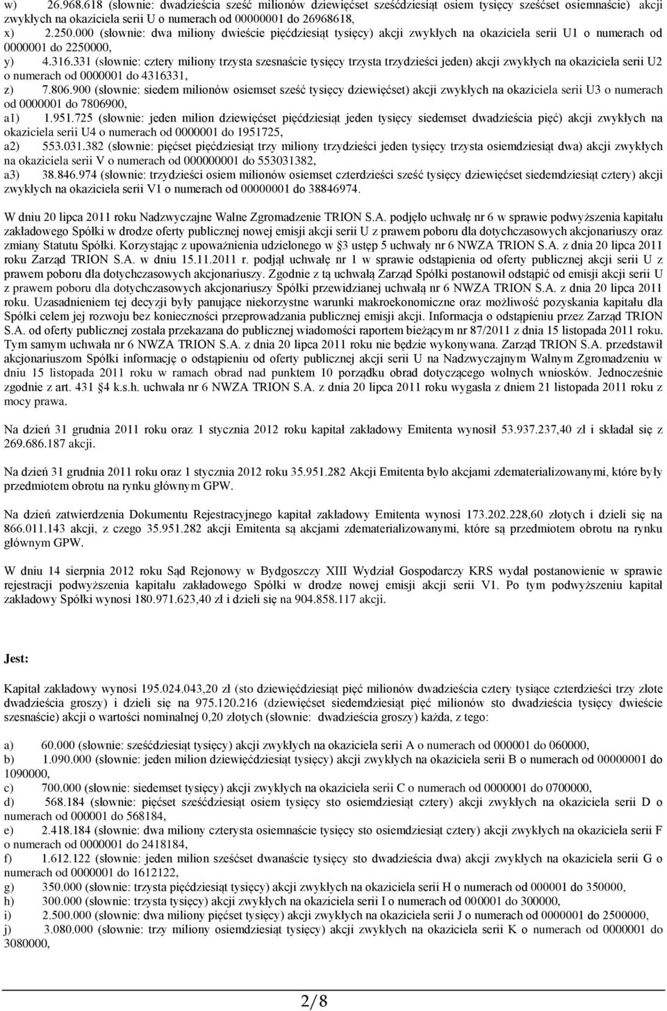 331 (słownie: cztery miliony trzysta szesnaście tysięcy trzysta trzydzieści jeden) akcji zwykłych na okaziciela serii U2 o numerach od 0000001 do 4316331, z) 7.806.
