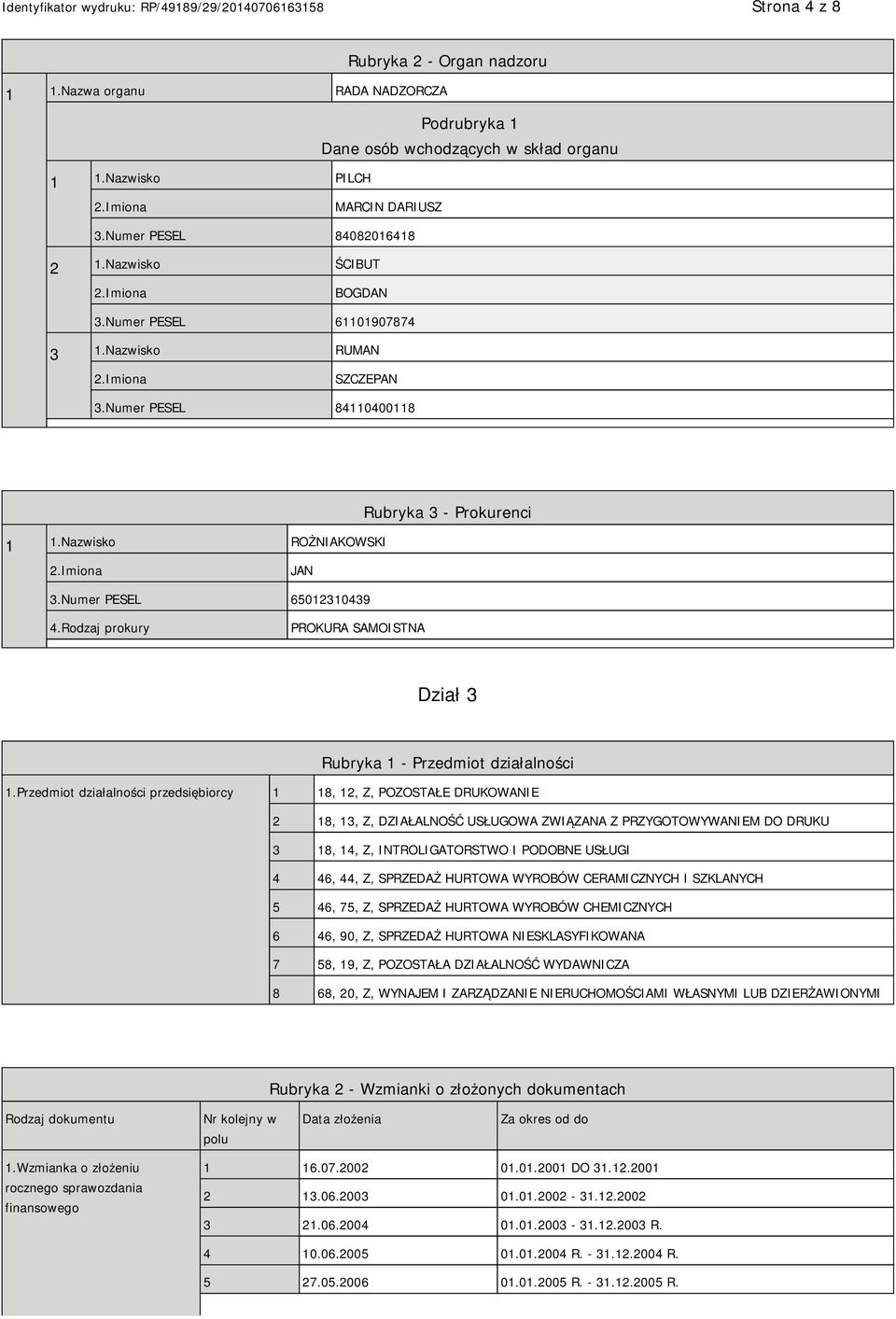 Rodzaj prokury PROKURA SAMOISTNA Dział 3 Rubryka 1 - Przedmiot działalności 1.