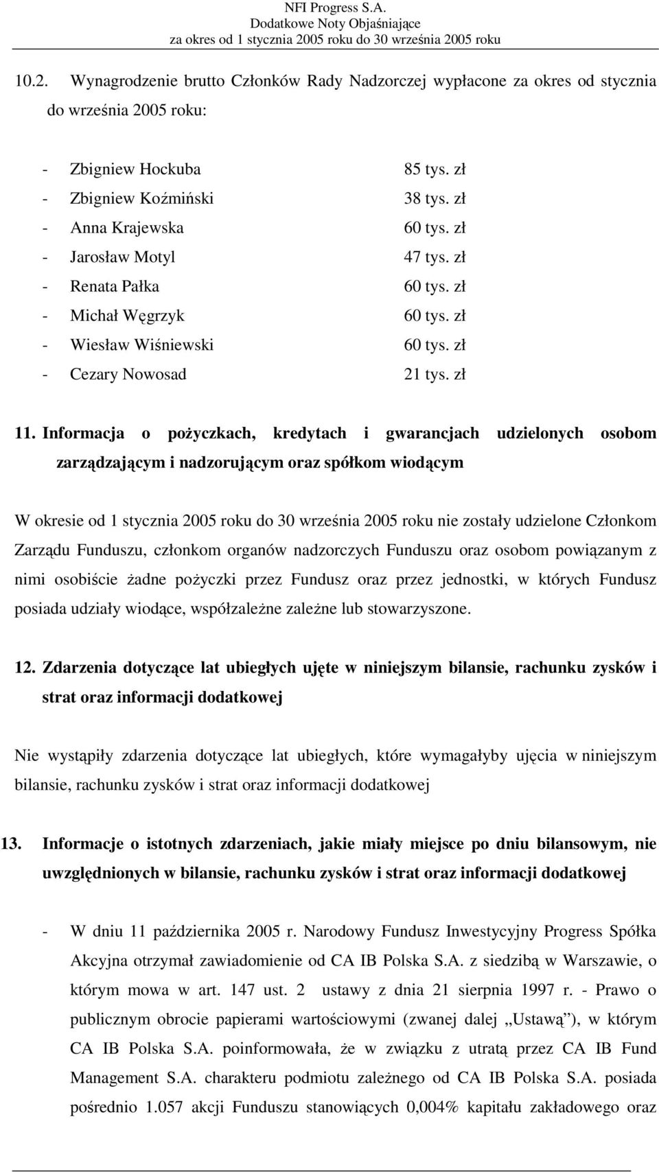 Informacja o pożyczkach, kredytach i gwarancjach udzielonych osobom zarządzającym i nadzorującym oraz spółkom wiodącym W okresie od 1 stycznia 2005 roku do 30 września 2005 roku nie zostały udzielone