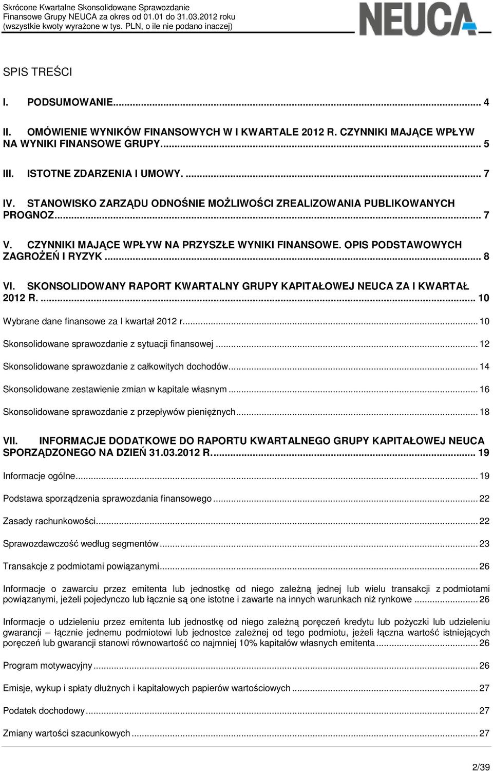 SKONSOLIDOWANY RAPORT KWARTALNY GRUPY KAPITAŁOWEJ NEUCA ZA I KWARTAŁ 2012 R.... 10 Wybrane dane finansowe za I kwartał 2012 r.... 10 Skonsolidowane sprawozdanie z sytuacji finansowej.