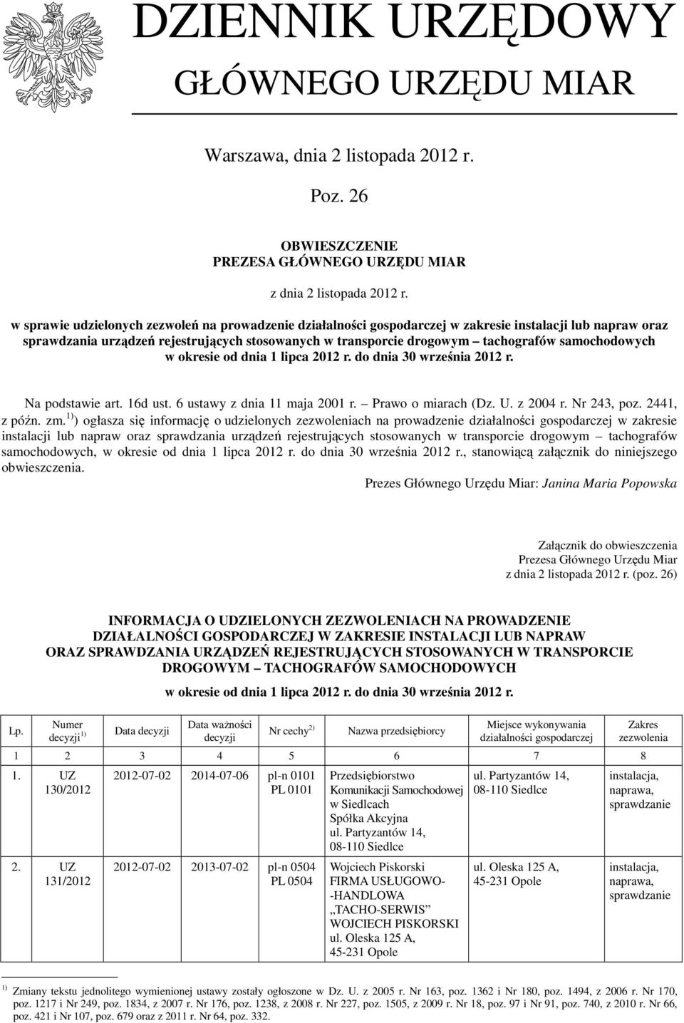 1 lipca 2012 r. do dnia 30 września 2012 r. Na podstawie art. 16d ust. 6 ustawy z dnia 11 maja 2001 r. Prawo o miarach (Dz. U. z 2004 r. Nr 243, poz. 2441, z późn. zm.