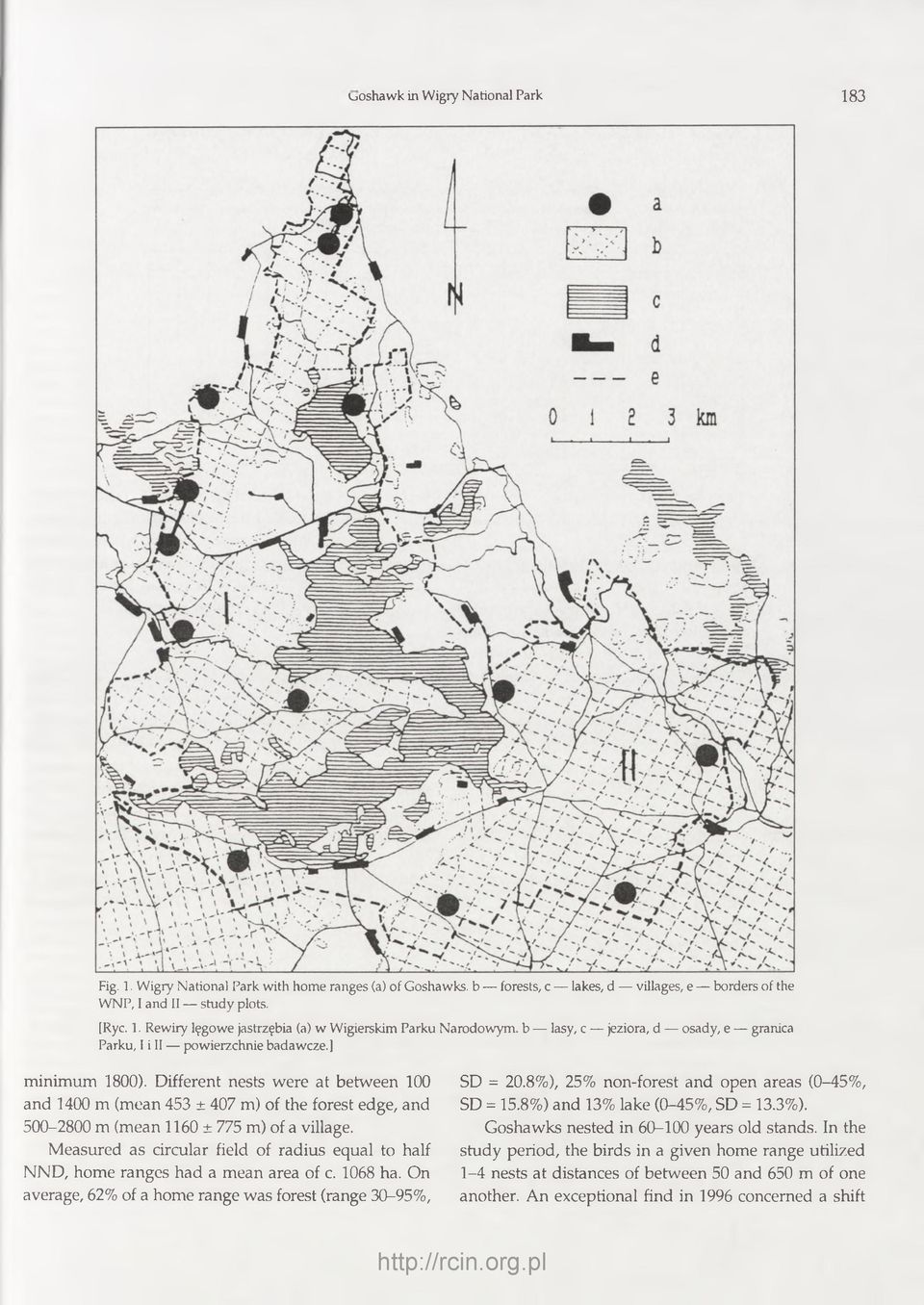 M easured as circular field of rad iu s equal to half N N D, hom e ranges h a d a m ean area of c. 1068 ha. O n average, 62% of a hom e range w as forest (range 30-95%, SD = 20.