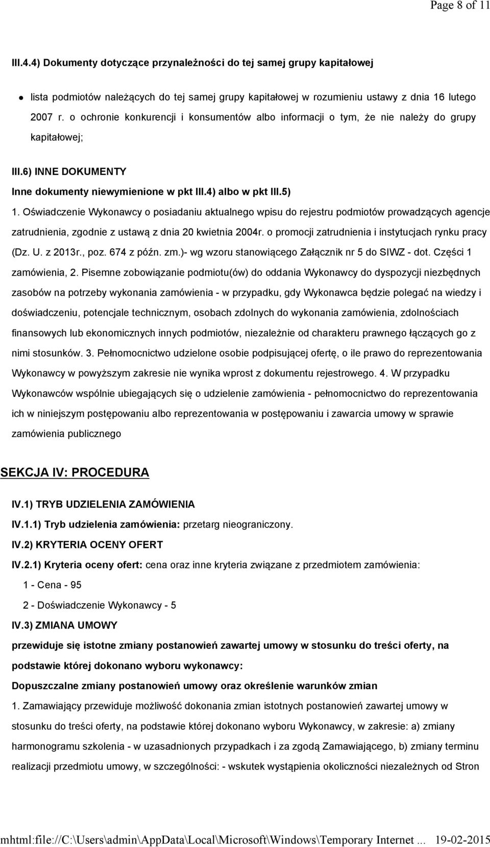 Oświadczenie Wykonawcy o posiadaniu aktualnego wpisu do rejestru podmiotów prowadzących agencje zatrudnienia, zgodnie z ustawą z dnia 20 kwietnia 2004r.