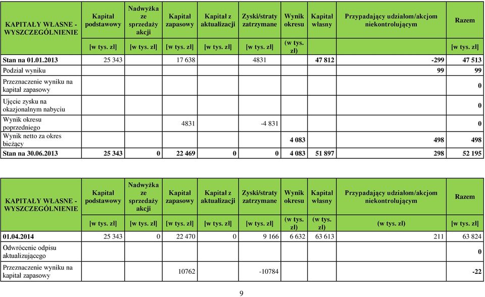 1.213 25 343 17 638 4831 47 812-299 47 513 Podział wyniku 99 99 Przeznaczenie wyniku na kapitał zapasowy Ujęcie zysku na okazjonalnym nabyciu Wynik okresu poprzedniego 4831-4 831 Wynik netto za okres