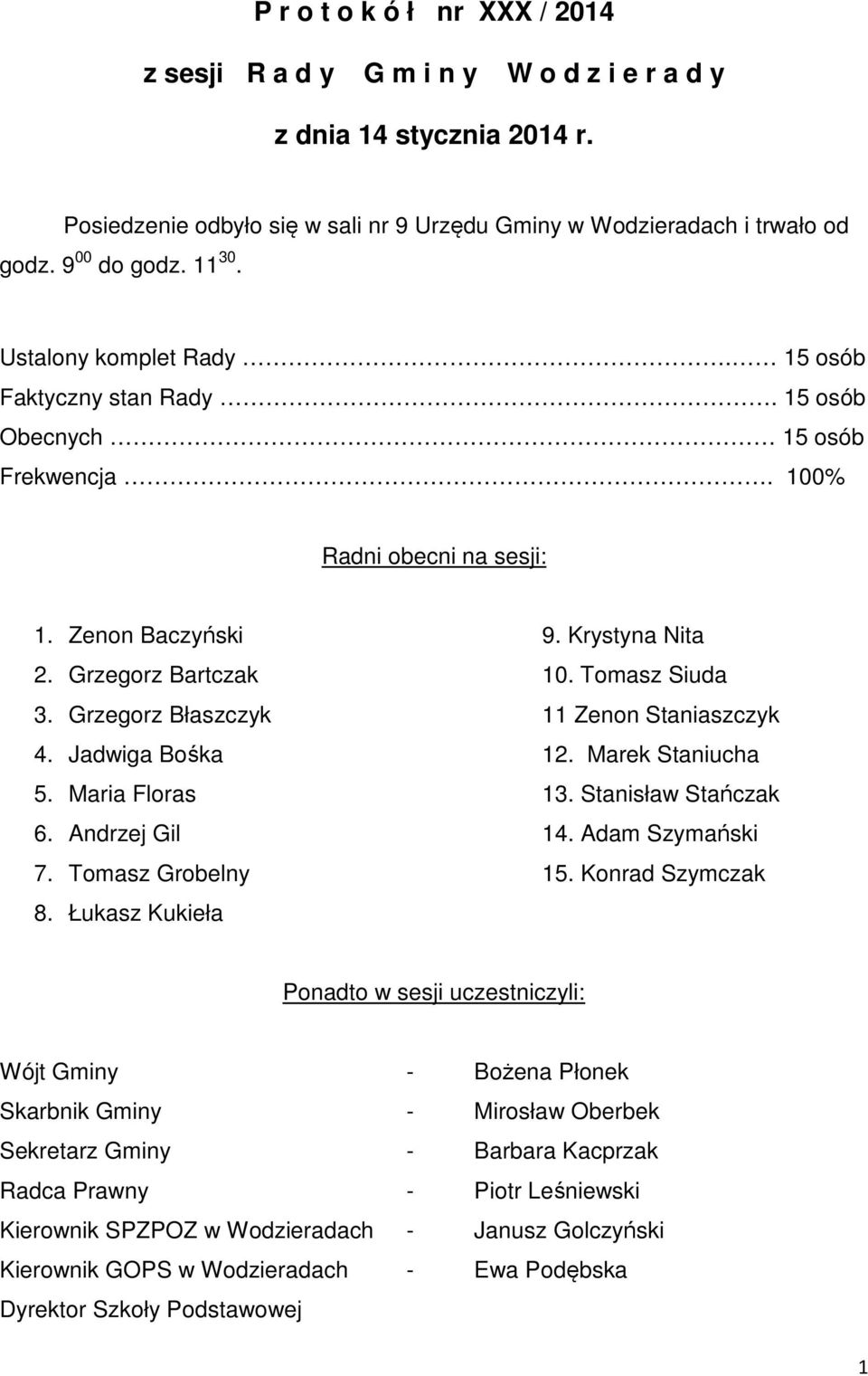 Grzegorz Błaszczyk 11 Zenon Staniaszczyk 4. Jadwiga Bośka 12. Marek Staniucha 5. Maria Floras 13. Stanisław Stańczak 6. Andrzej Gil 14. Adam Szymański 7. Tomasz Grobelny 15. Konrad Szymczak 8.