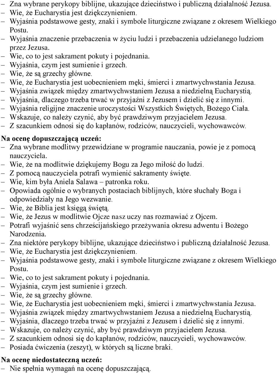 Wie, co to jest sakrament pokuty i pojednania. Wyjaśnia, czym jest sumienie i grzech. Wie, że są grzechy główne. Wie, że Eucharystia jest uobecnieniem męki, śmierci i zmartwychwstania Jezusa.