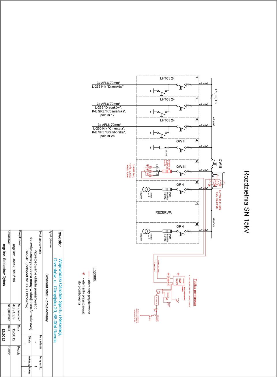 Jacek Bieliński 40/91/ZG 12/2012 Projektował Nr uprawnień Data Podpis Przystosowanie układu pomiarowego do zwiększonego poboru mocy w stacji transformatorowej So-246 (Polsport WOSiR Drzonków) - - -