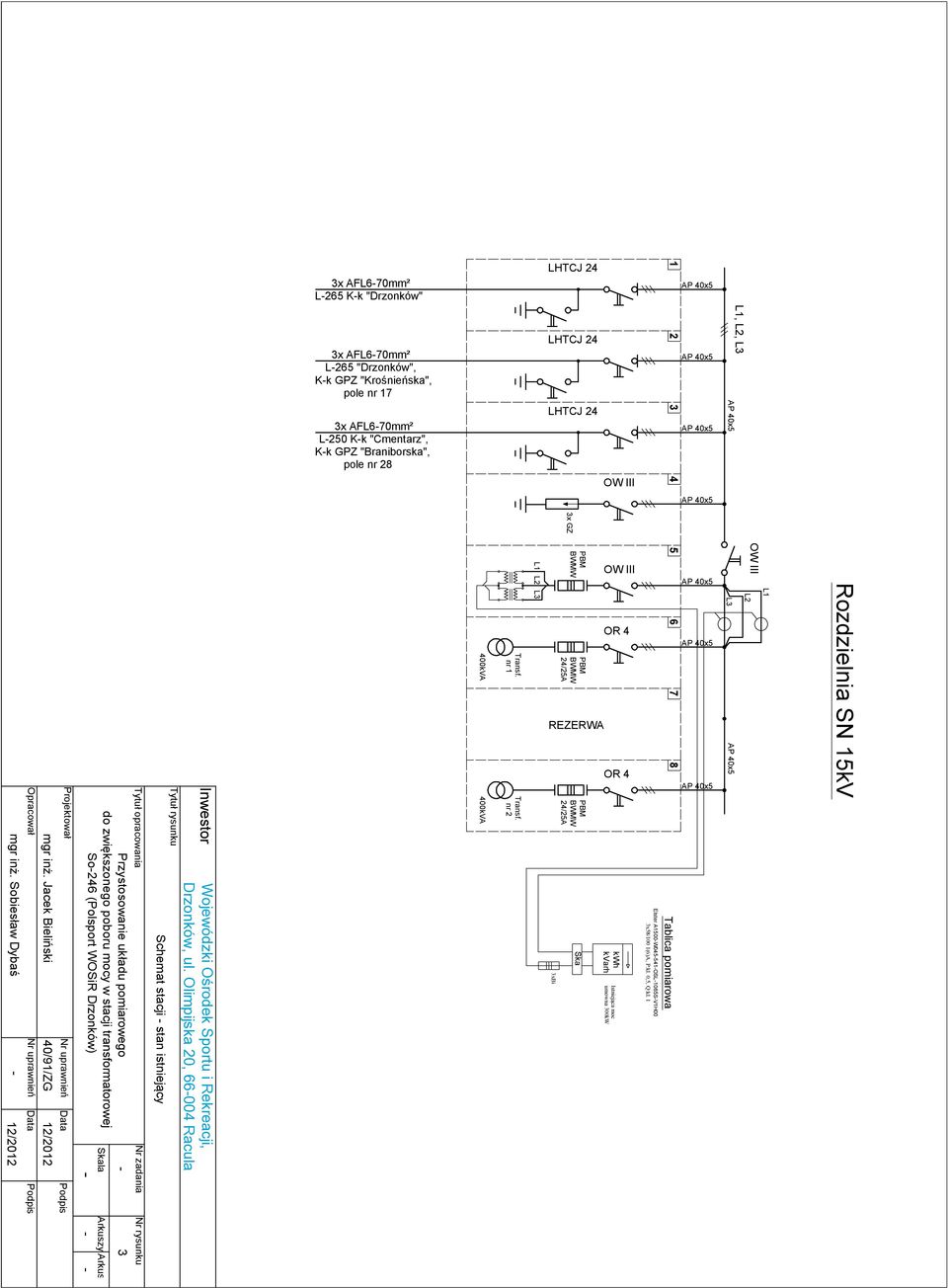 Jacek Bieliński 40/91/ZG Projektował Nr uprawnień Data 12/2012 Podpis Przystosowanie układu pomiarowego do zwiększonego poboru mocy w stacji transformatorowej So-246 (Polsport WOSiR Drzonków) - - -