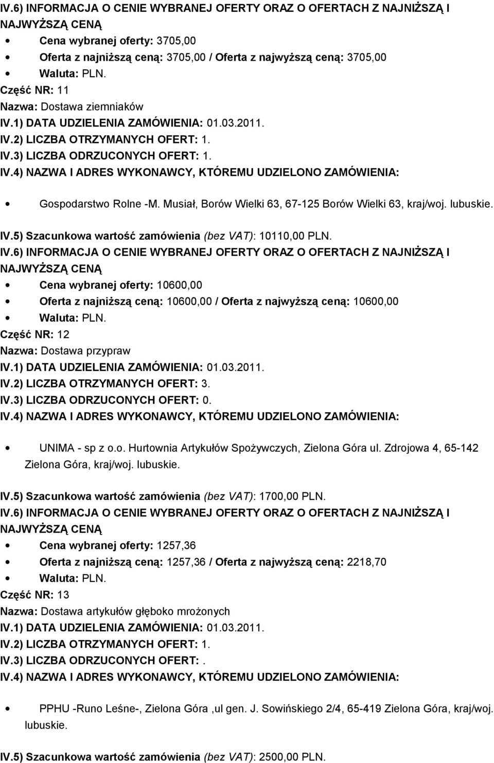 Cena wybranej oferty: 10600,00 Oferta z najniższą ceną: 10600,00 / Oferta z najwyższą ceną: 10600,00 Część NR: 12 Nazwa: Dostawa przypraw UNIMA - sp z o.o. Hurtownia Artykułów Spożywczych, Zielona Góra ul.