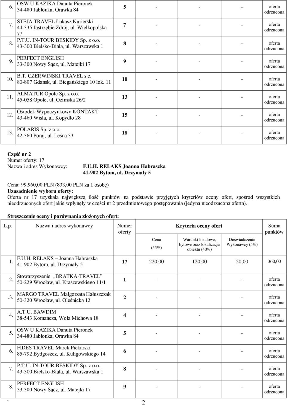 na podstawie przyjętych kryteriów oceny ofert, spośród wszystkich nieodrzuconych ofert jakie wpłynęły w części nr 2