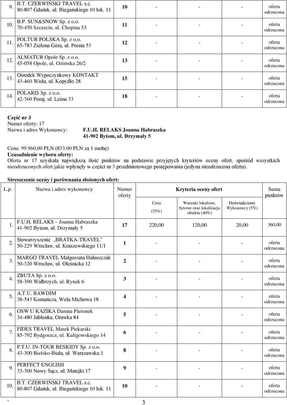 przyjętych kryteriów oceny ofert, spośród wszystkich nieodrzuconych ofert jakie wpłynęły w części nr 3 przedmiotowego postępowania
