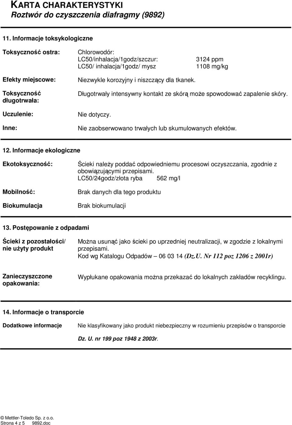 Nie zaobserwowano trwałych lub skumulowanych efektów. 12.