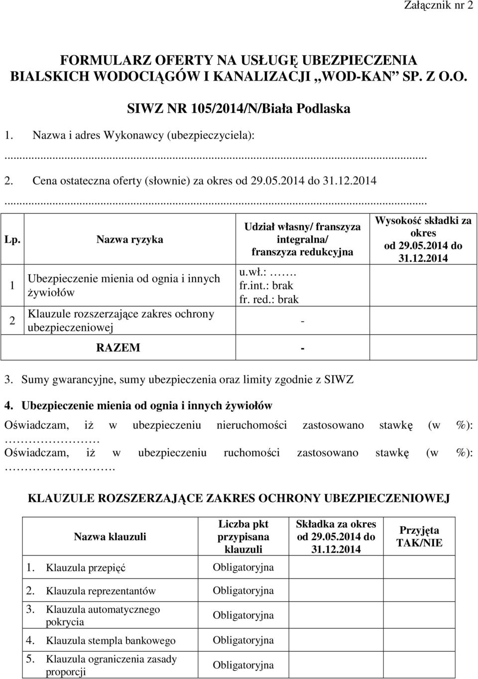 1 2 Nazwa ryzyka Ubezpieczenie mienia od ognia i innych żywiołów Klauzule rozszerzające zakres ochrony ubezpieczeniowej Udział własny/ franszyza integralna/ franszyza redukcyjna u.wł.:. fr.int.: brak fr.
