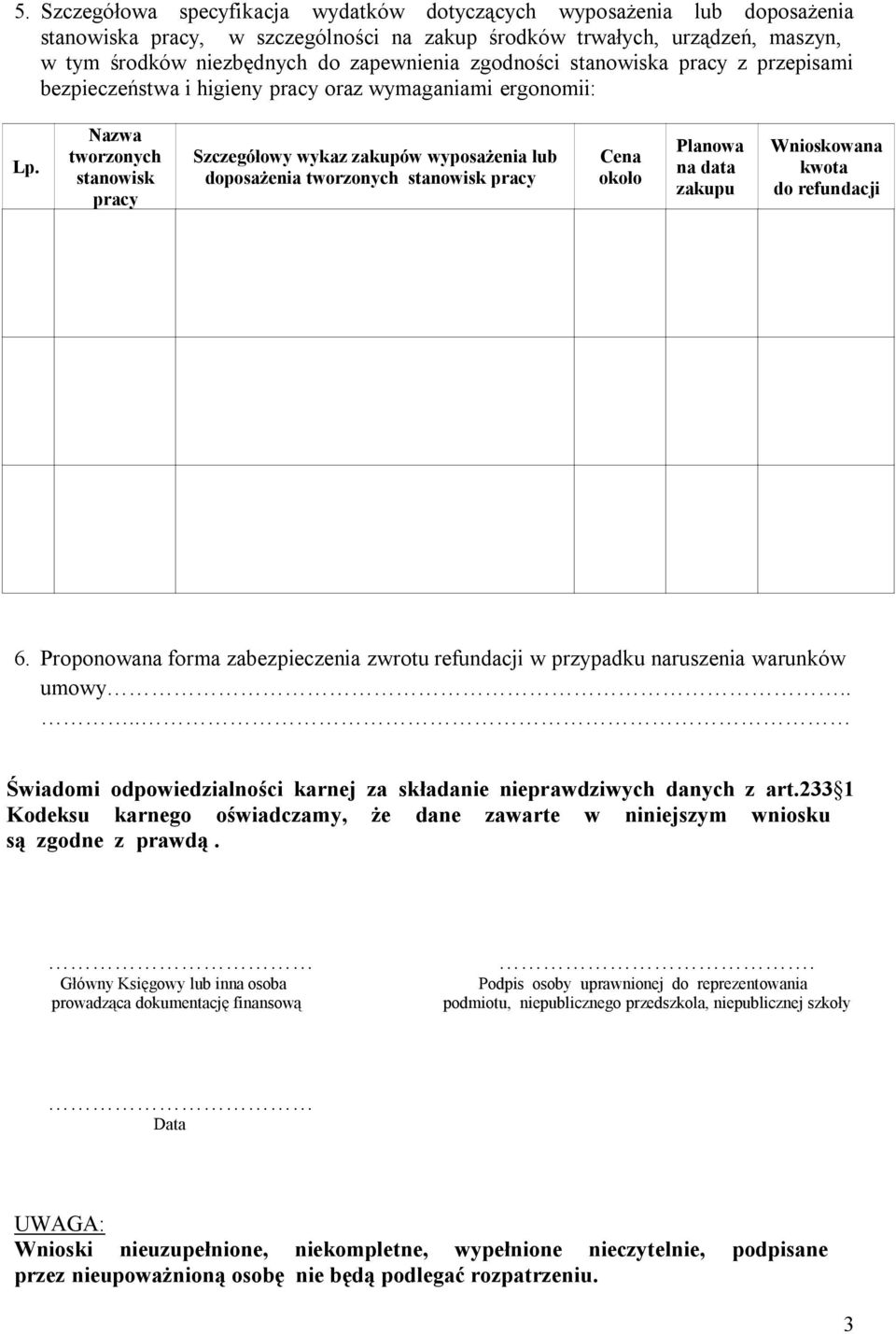 Nazwa tworzonych stanowisk pracy Szczegółowy wykaz zakupów wyposażenia lub doposażenia tworzonych stanowisk pracy Cena około Planowa na data zakupu Wnioskowana kwota do refundacji 6.