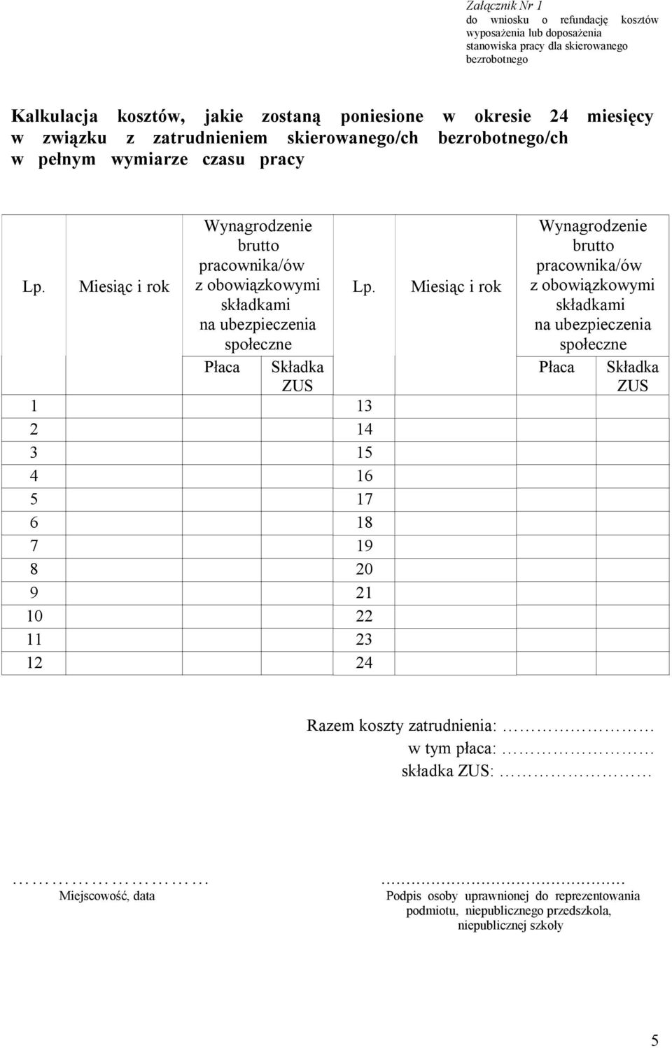 Płaca Składka ZUS 1 13 2 14 3 15 4 16 5 17 6 18 7 19 8 20 9 21 10 22 11 23 12 24 Miesiąc i rok Wynagrodzenie brutto pracownika/ów z obowiązkowymi składkami na