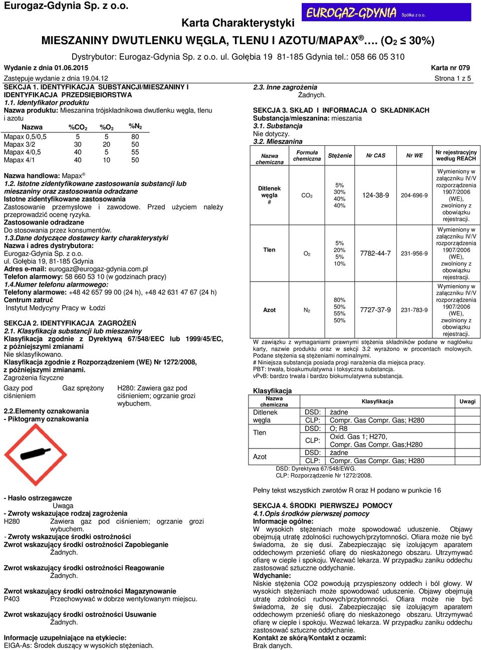 %O 2 %N 2 3.1. Substancja Mapax 0,5/0,5 5 5 80 Nie dotyczy. Mapax 3/2 30 20 50 3.2. Mieszanina Mapax 4/0,5 40 5 55 Formuła Nr rejestracyjny Stężenie Nr CAS Nr WE Mapax 4/1 40 10 50 według REACH handlowa: Mapax 1.