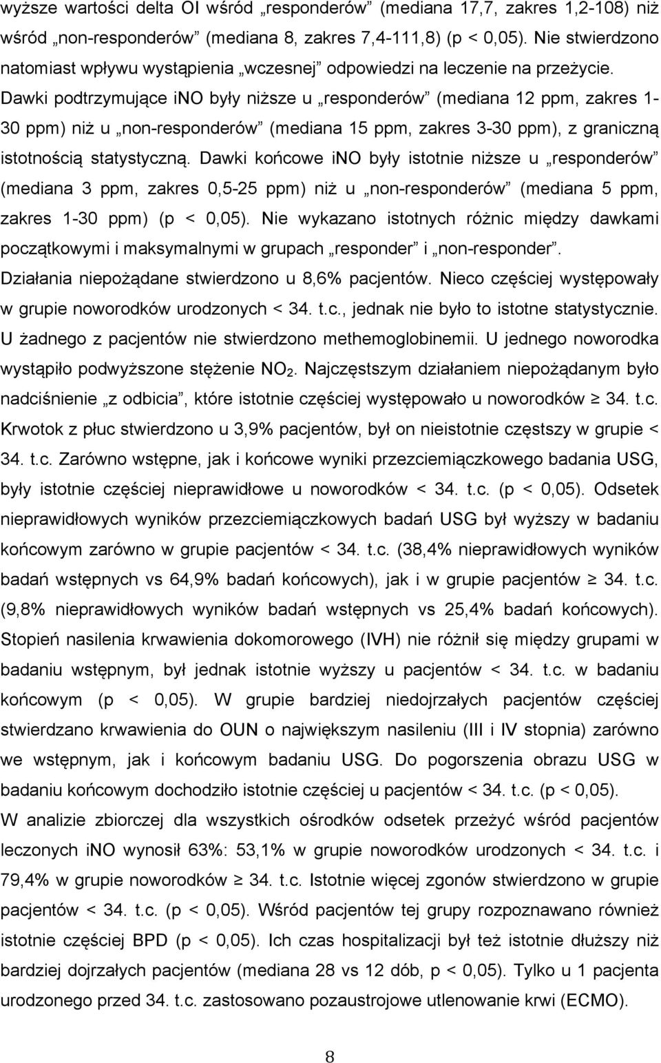 Dawki podtrzymujące ino były niższe u responderów (mediana 12 ppm, zakres 1-30 ppm) niż u non-responderów (mediana 15 ppm, zakres 3-30 ppm), z graniczną istotnością statystyczną.