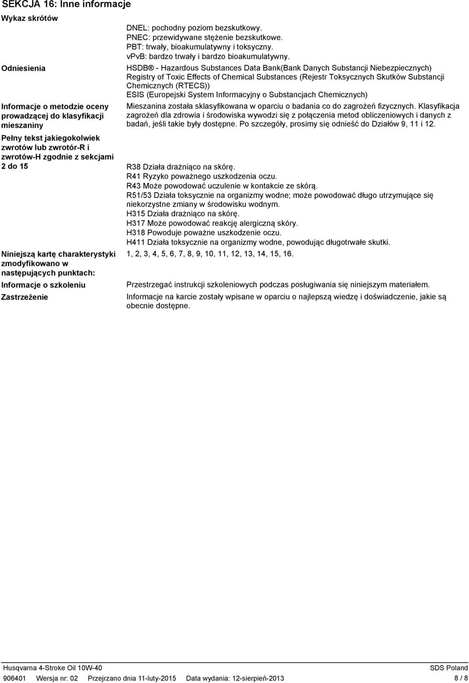 PBT: trwały, bioakumulatywny i toksyczny. vpvb: bardzo trwały i bardzo bioakumulatywny.