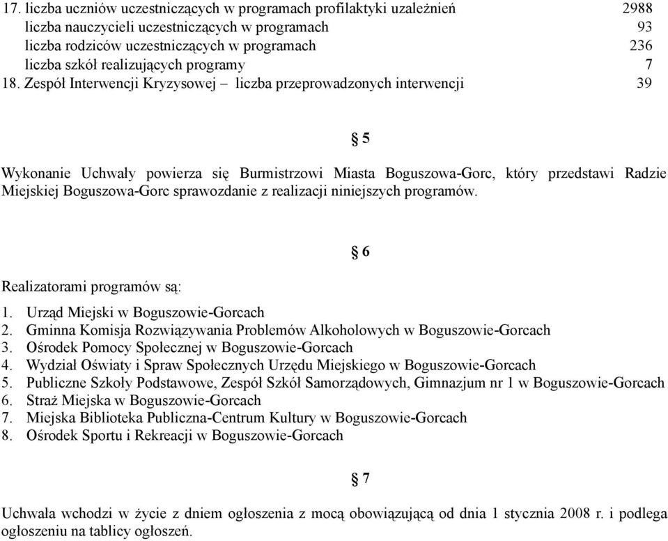 Zespół Interwencji Kryzysowej liczba przeprowadzonych interwencji 39 Wykonanie Uchwały powierza się Burmistrzowi Miasta Boguszowa-Gorc, który przedstawi Radzie Miejskiej Boguszowa-Gorc sprawozdanie z