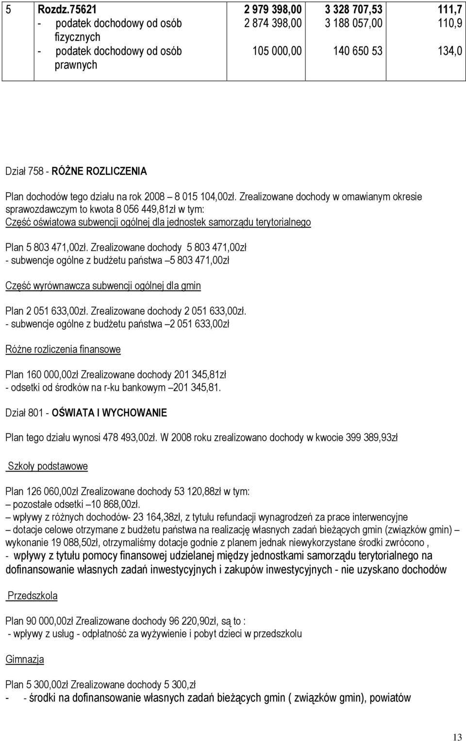 ROZLICZENIA Plan dochodów tego działu na rok 2008 8 015 104,00zł.