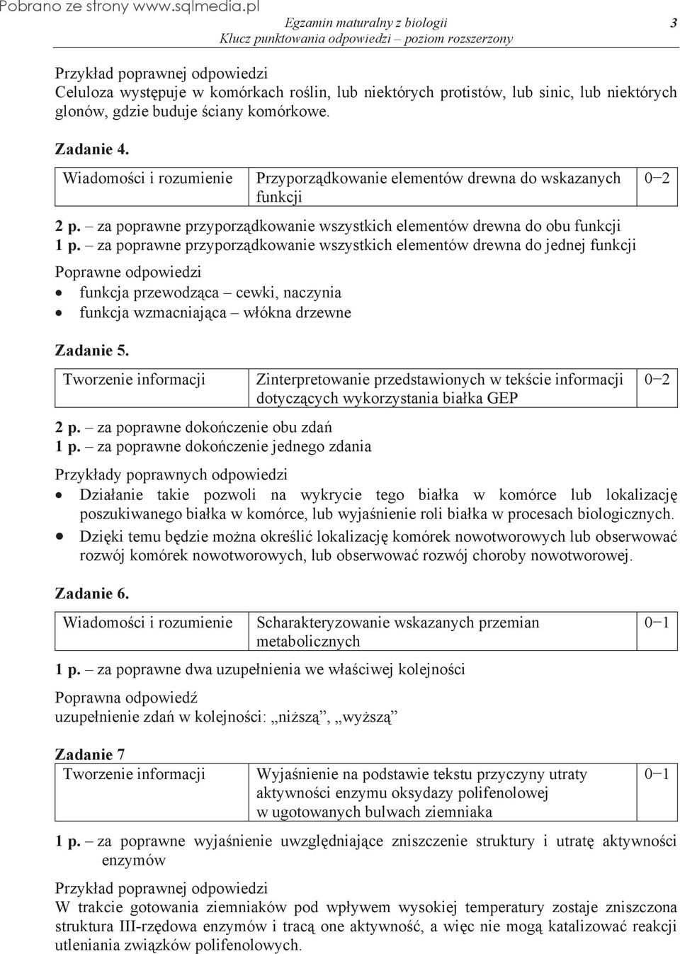 za poprawne przyporz dkowanie wszystkich elementów drewna do jednej funkcji Poprawne odpowiedzi funkcja przewodz ca cewki, naczynia funkcja wzmacniaj ca w ókna drzewne Zadanie 5. 2 p.