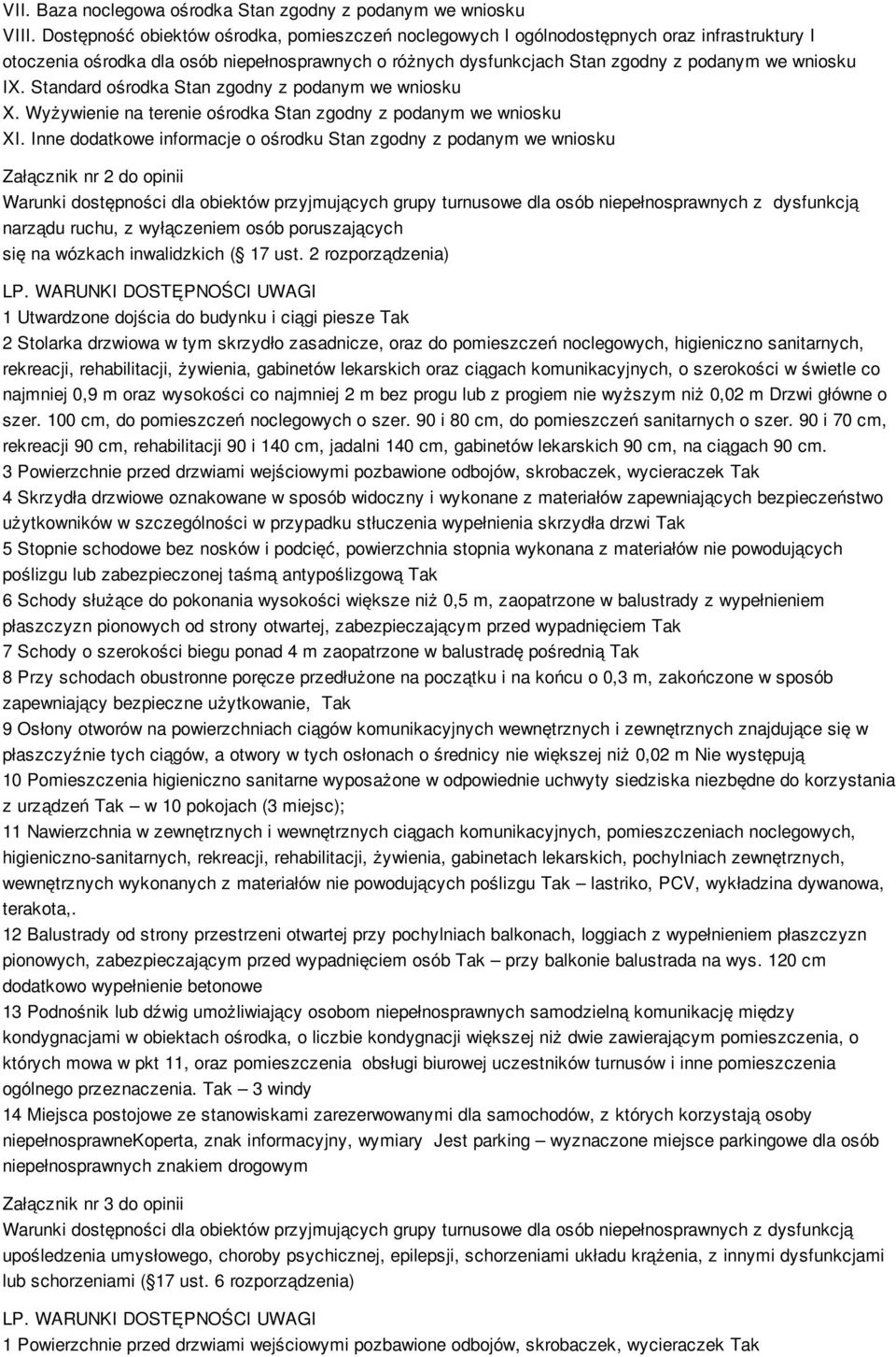 Standard ośrodka Stan zgodny z podanym we wniosku X. Wyżywienie na terenie ośrodka Stan zgodny z podanym we wniosku XI.
