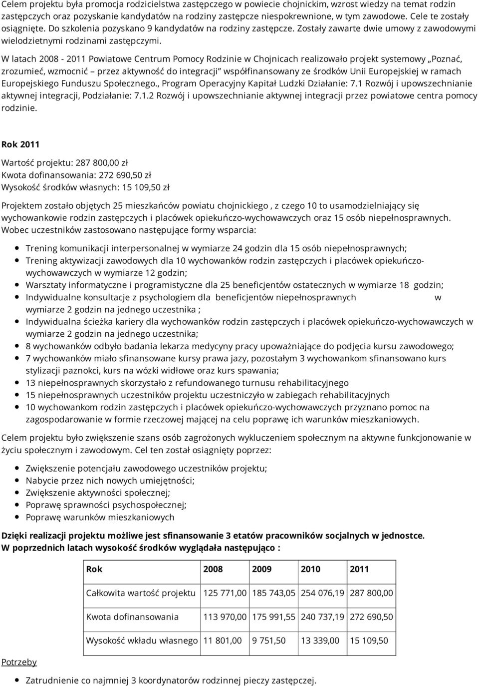 W latach 2008-2011 Powiatowe Centrum Pomocy Rodzinie w Chojnicach realizowało projekt systemowy Poznać, zrozumieć, wzmocnić przez aktywność do integracji współfinansowany ze środków Unii Europejskiej