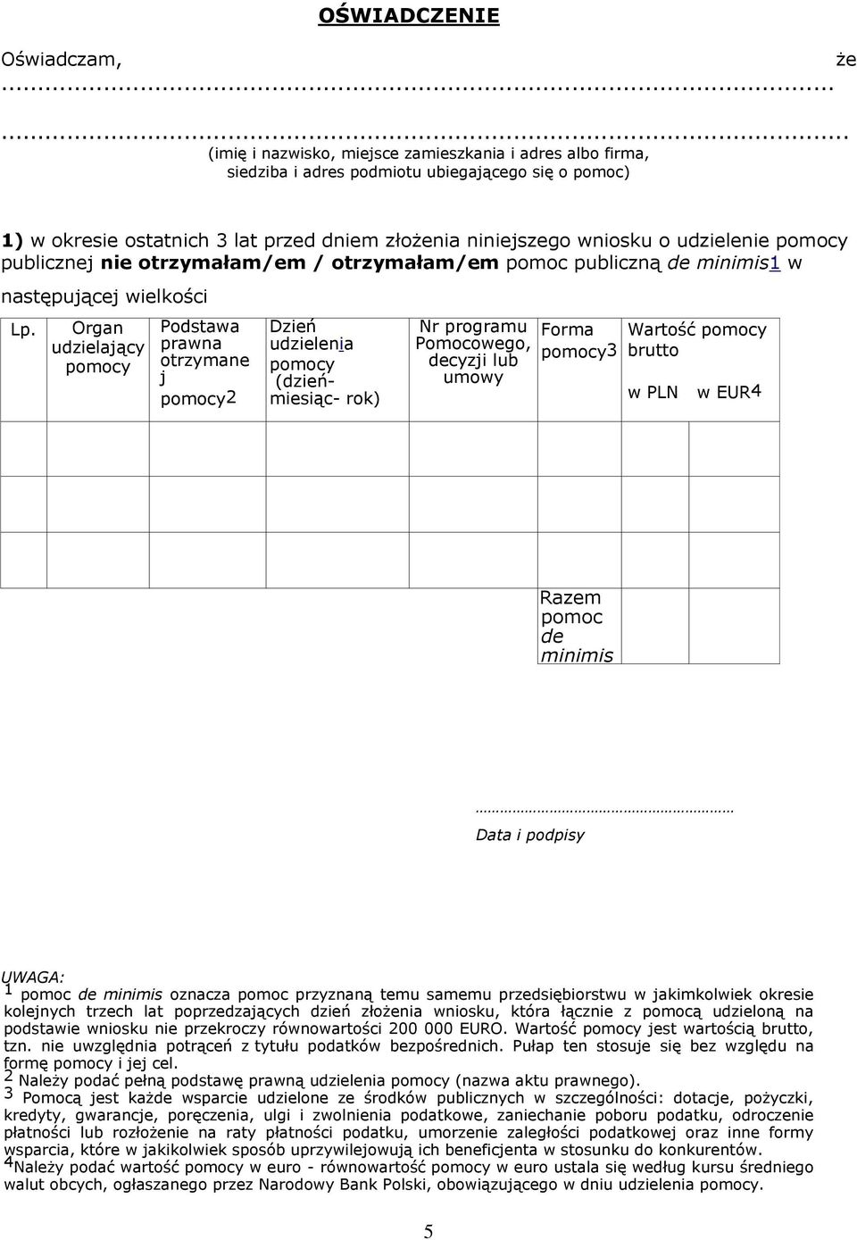 pomocy publicznej nie otrzymałam/em / otrzymałam/em pomoc publiczną de minimis1 w następującej wielkości Lp.