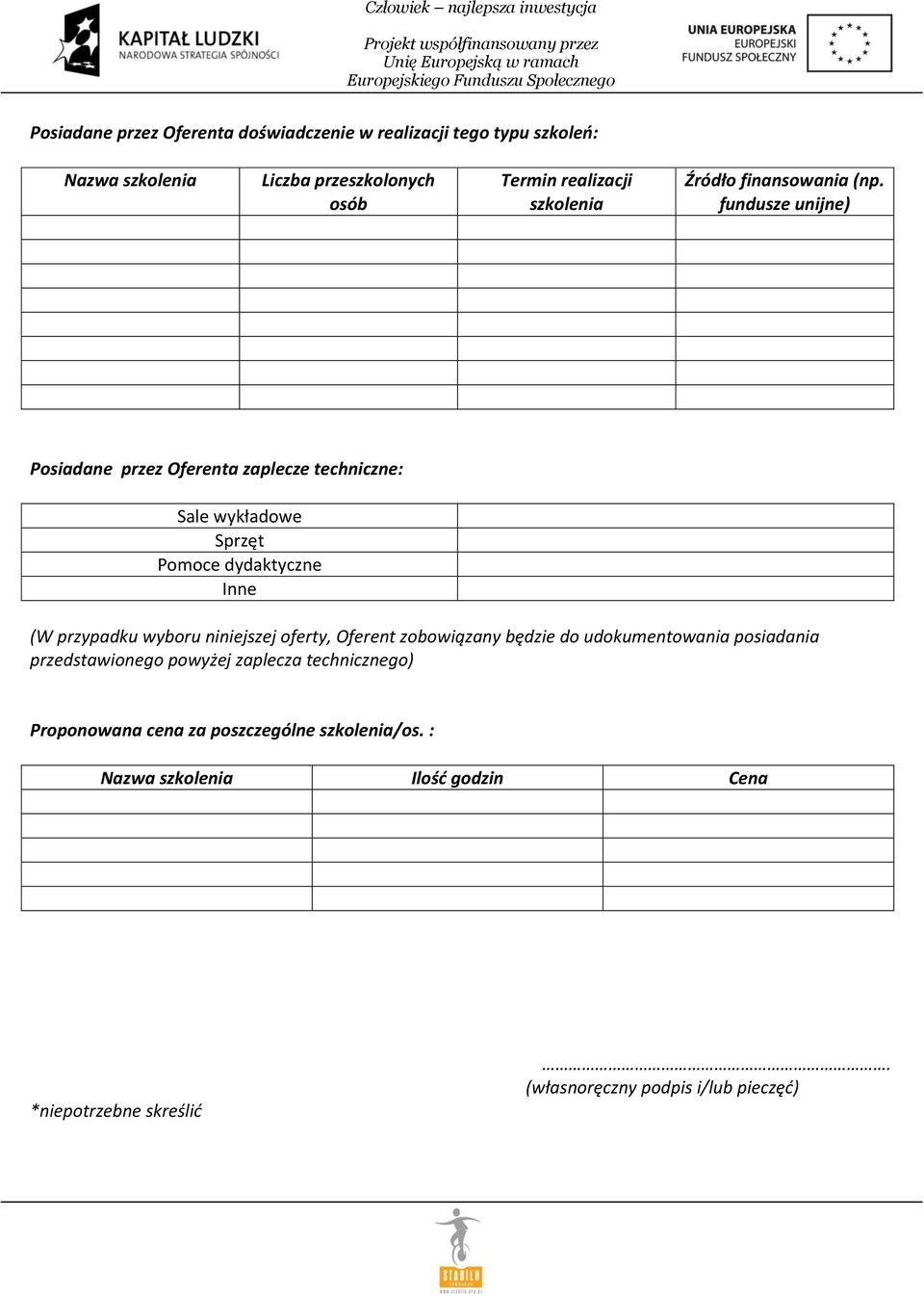 fundusze unijne) Posiadane przez Oferenta zaplecze techniczne: Sale wykładowe Sprzęt Pomoce dydaktyczne Inne (W przypadku wyboru niniejszej