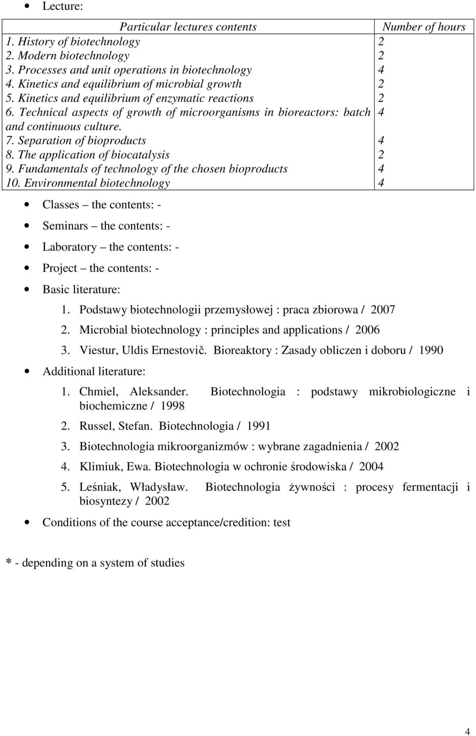 The application of biocatalysis 9. Fundamentals of technology of the chosen bioproducts 0.