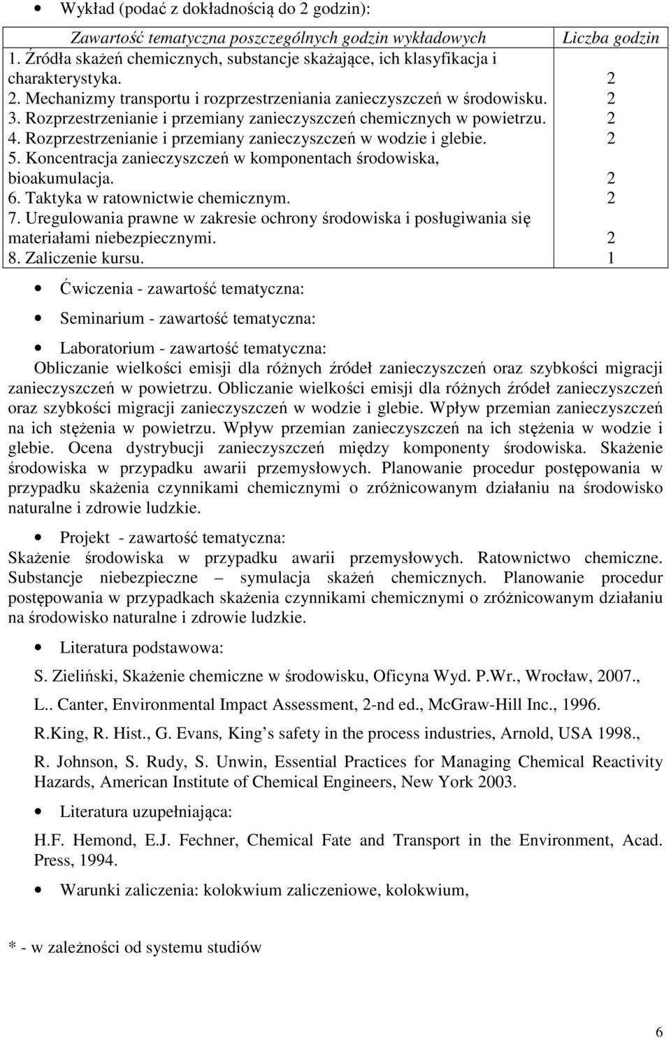 Rozprzestrzenianie i przemiany zanieczyszczeń w wodzie i glebie. 5. Koncentracja zanieczyszczeń w komponentach środowiska, bioakumulacja. 6. Taktyka w ratownictwie chemicznym. 7.