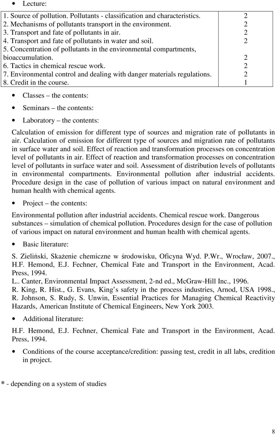 Environmental control and dealing with danger materials regulations. 8. Credit in the course.