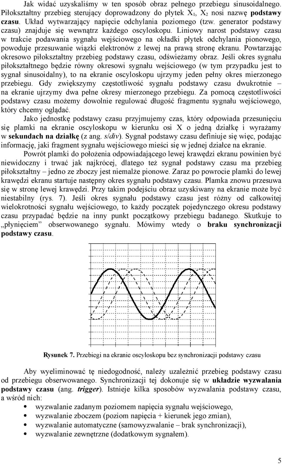 Liniowy narost podstawy czasu w trakcie podawania sygnału wejściowego na okładki płytek odchylania pionowego, powoduje przesuwanie wiązki elektronów z lewej na prawą stronę ekranu.