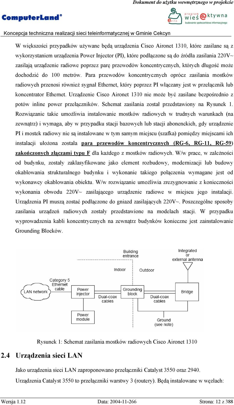 Para przewodów koncentrycznych oprócz zasilania mostków radiowych przenosi również sygnał Ethernet, który poprzez PI włączany jest w przełącznik lub koncentrator Ethernet.