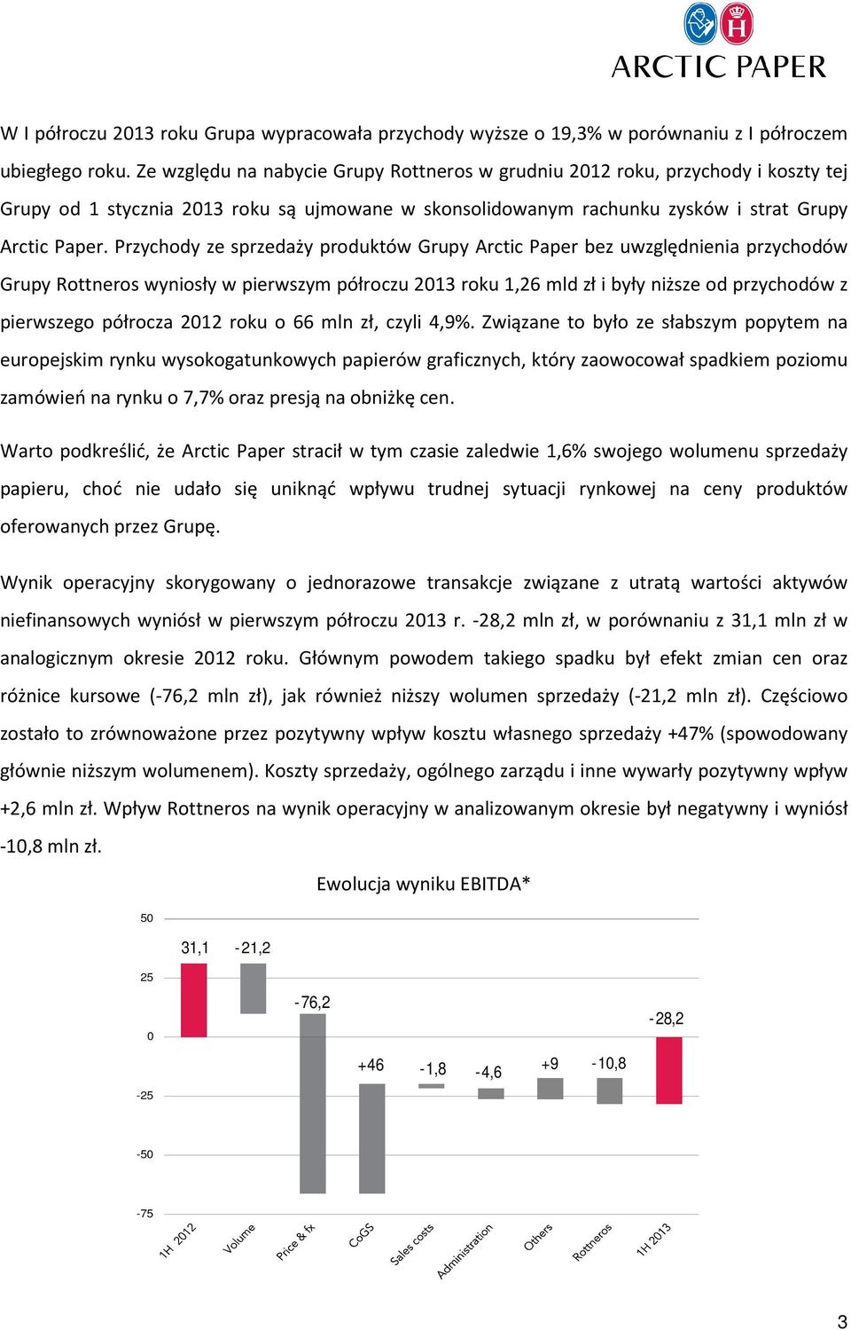 Przychody ze sprzedaży produktów Grupy Arctic Paper bez uwzględnienia przychodów Grupy Rottneros wyniosły w pierwszym półroczu roku 1,26 mld zł i były niższe od przychodów z pierwszego półrocza roku