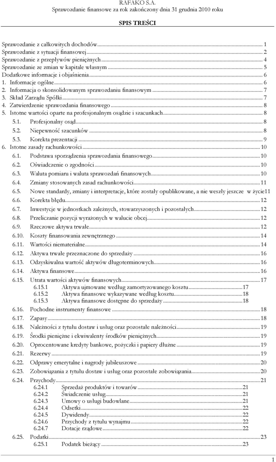 Istotne wartości oparte na profesjonalnym osądzie i szacunkach... 8 5.1. Profesjonalny osąd... 8 5.2. Niepewność szacunków... 8 5.3. Korekta prezentacji... 9 6. Istotne zasady rachunkowości... 10 6.1. Podstawa sporządzenia sprawozdania finansowego.