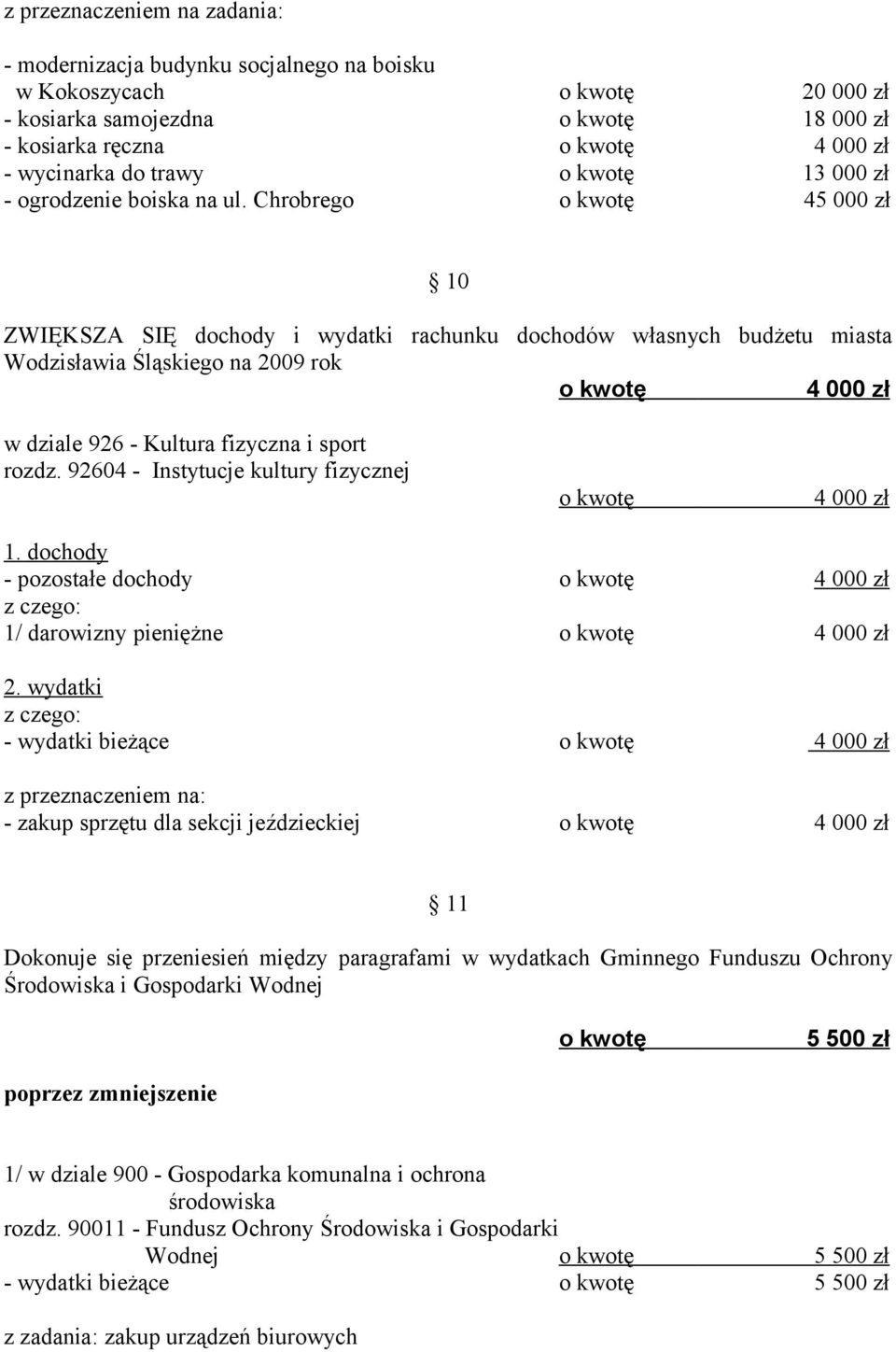 Chrobrego o kwotę 45 000 zł 10 ZWIĘKSZA SIĘ dochody i wydatki rachunku dochodów własnych budżetu miasta Wodzisławia Śląskiego na 2009 rok o kwotę 4 000 zł w dziale 926 - Kultura fizyczna i sport
