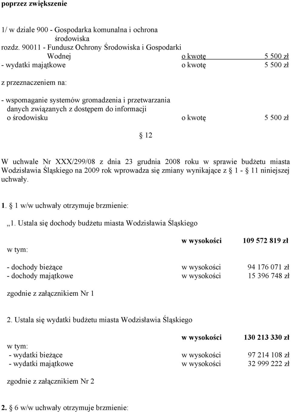 z dostępem do informacji o środowisku o kwotę 5 500 zł 12 W uchwale Nr XXX/299/08 z dnia 23 grudnia 2008 roku w sprawie budżetu miasta Wodzisławia Śląskiego na 2009 rok wprowadza się zmiany