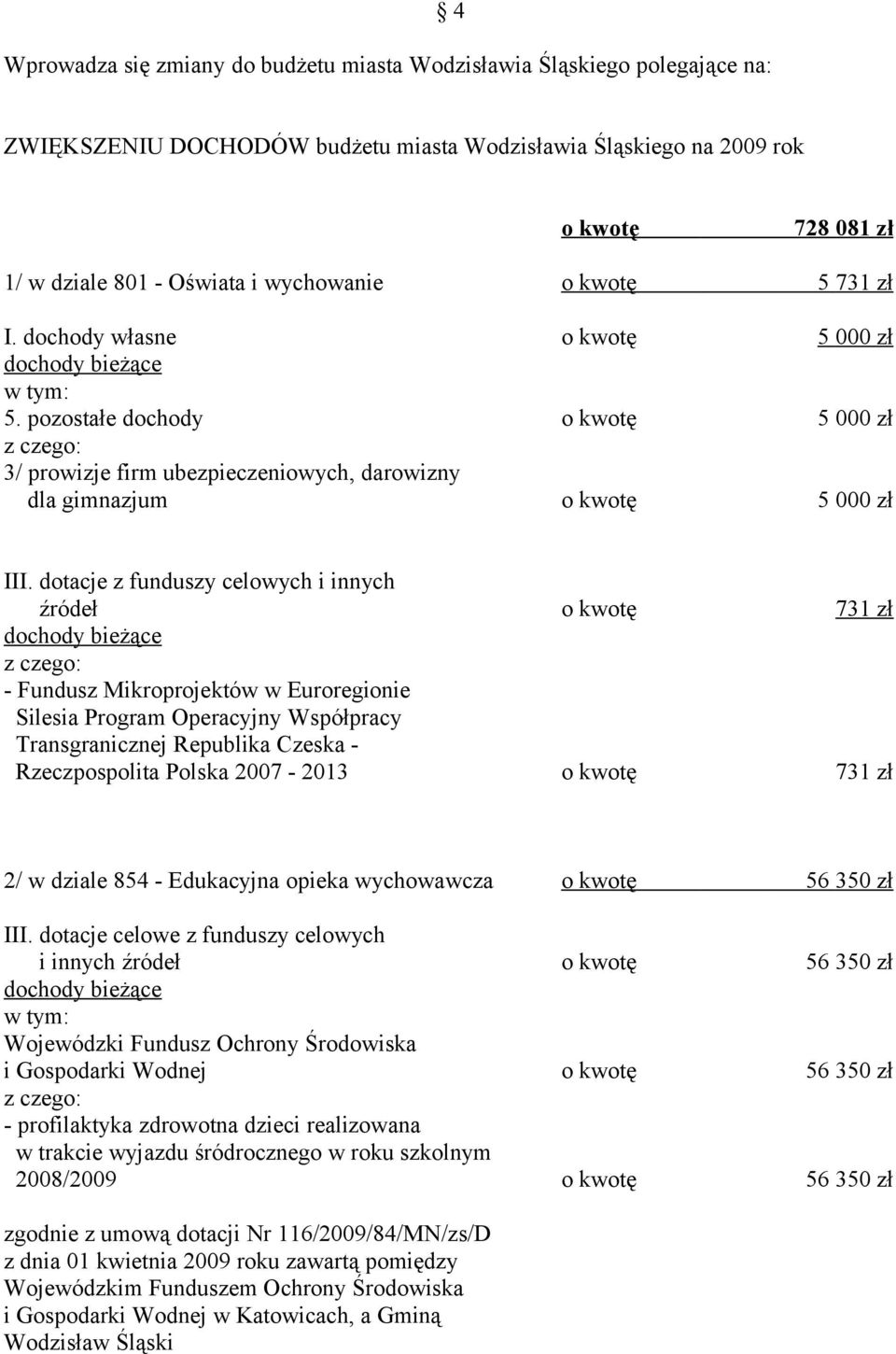 dotacje z funduszy celowych i innych źródeł o kwotę 731 zł dochody bieżące - Fundusz Mikroprojektów w Euroregionie Silesia Program Operacyjny Współpracy Transgranicznej Republika Czeska -