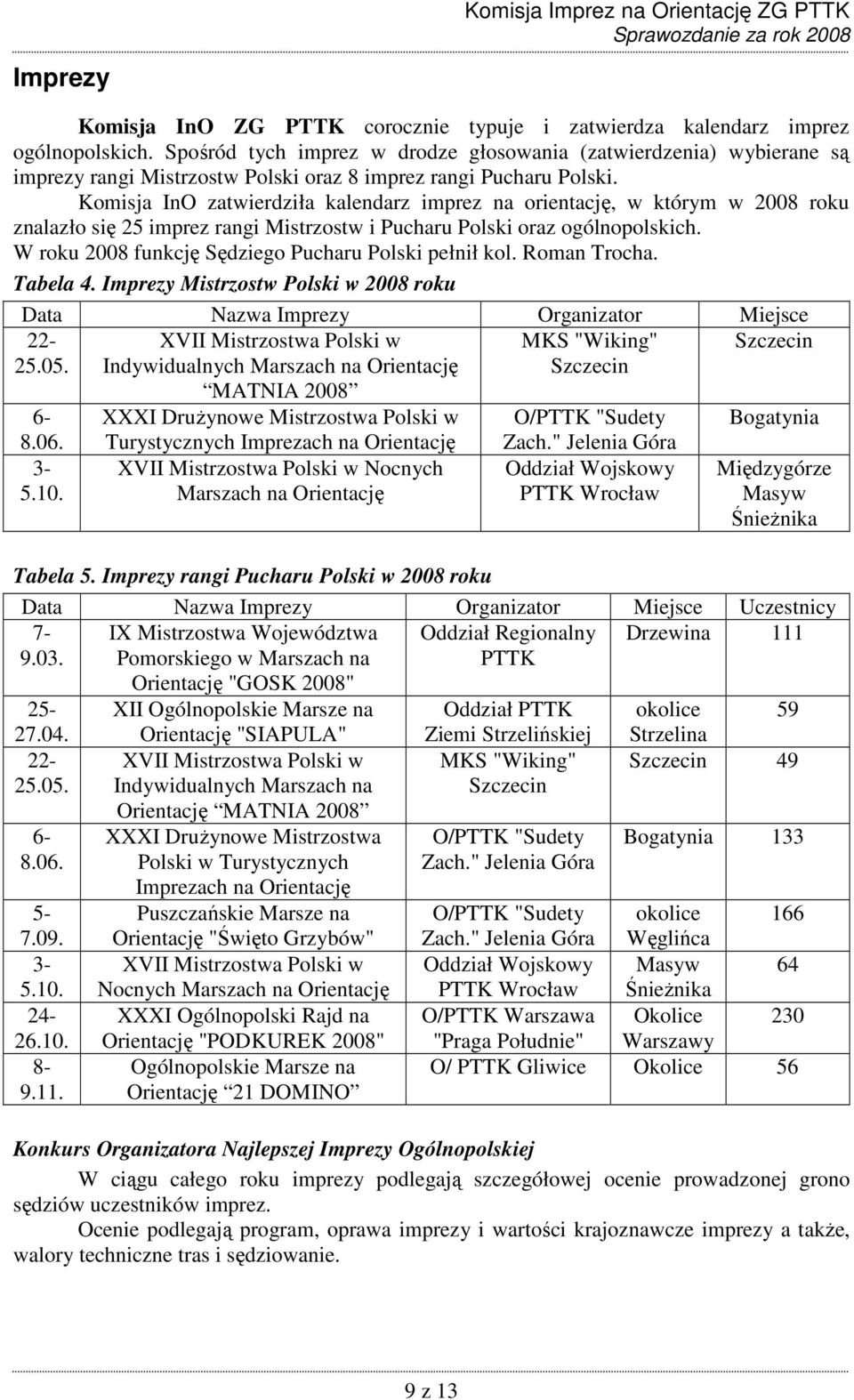 Komisja InO zatwierdziła kalendarz imprez na orientację, w którym w 2008 roku znalazło się 25 imprez rangi Mistrzostw i Pucharu Polski oraz ogólnopolskich.