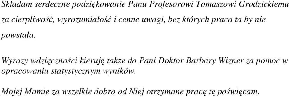 Wyrazy wdzięczności kieruję także do Pani Doktor Barbary Wizner za pomoc w