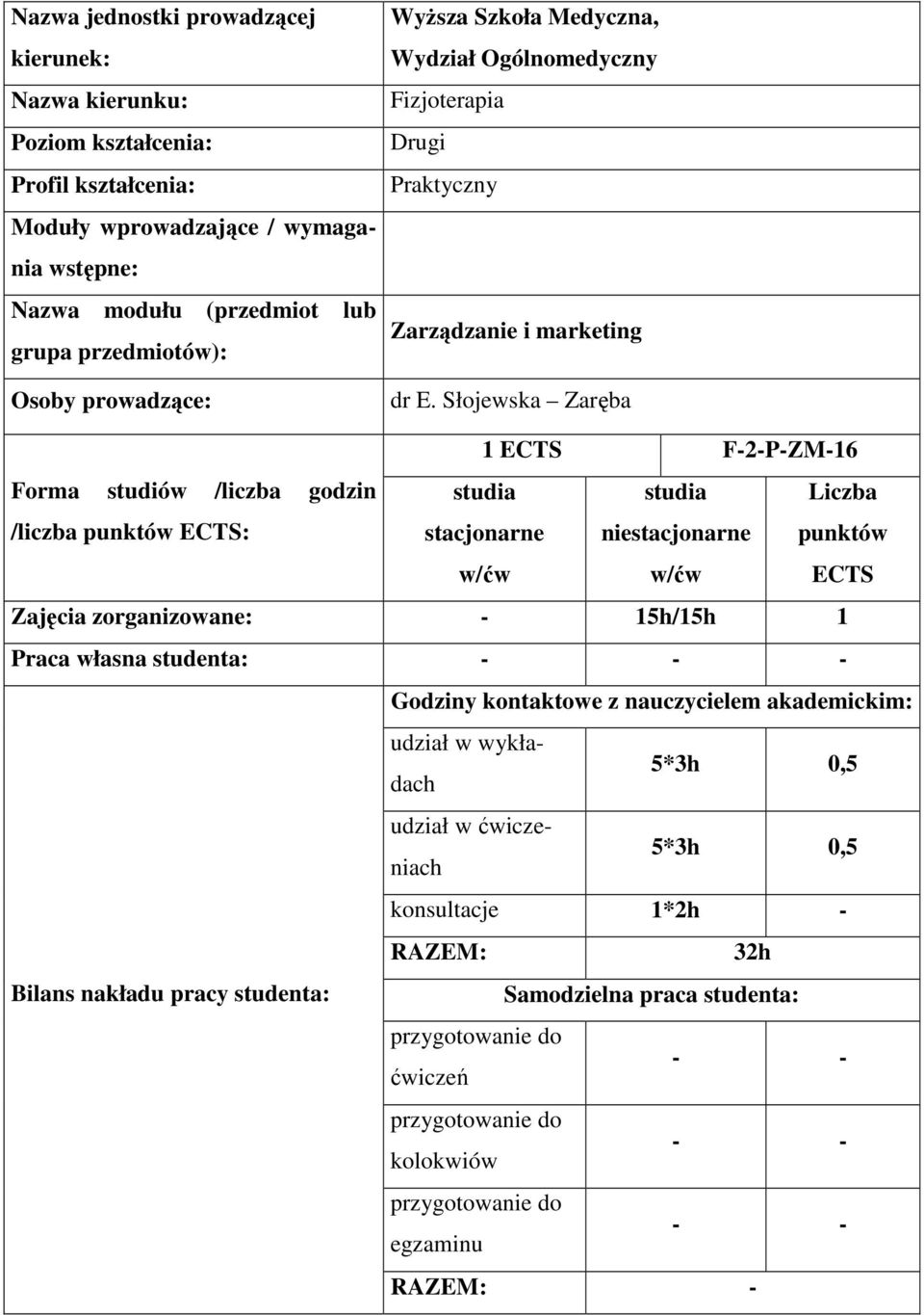 Słojewska Zaręba 1 ECTS F-2-P-ZM-16 Forma studiów /liczba godzin studia studia Liczba /liczba punktów ECTS: stacjonarne w/ćw niestacjonarne w/ćw punktów ECTS Zajęcia zorganizowane: -