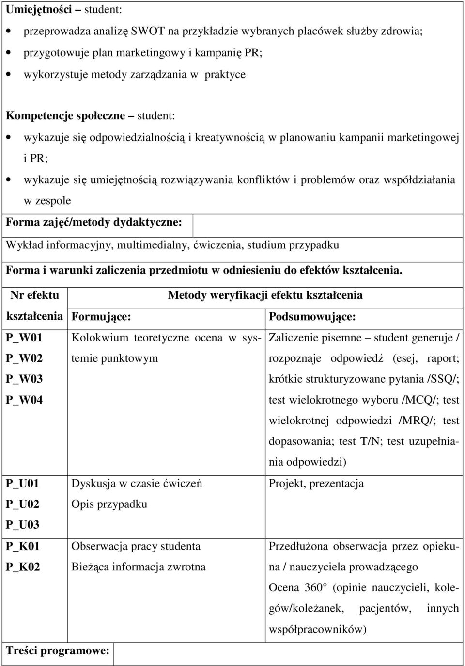 zespole Forma zajęć/metody dydaktyczne: Wykład informacyjny, multimedialny, ćwiczenia, studium przypadku Forma i warunki zaliczenia przedmiotu w odniesieniu do efektów kształcenia.