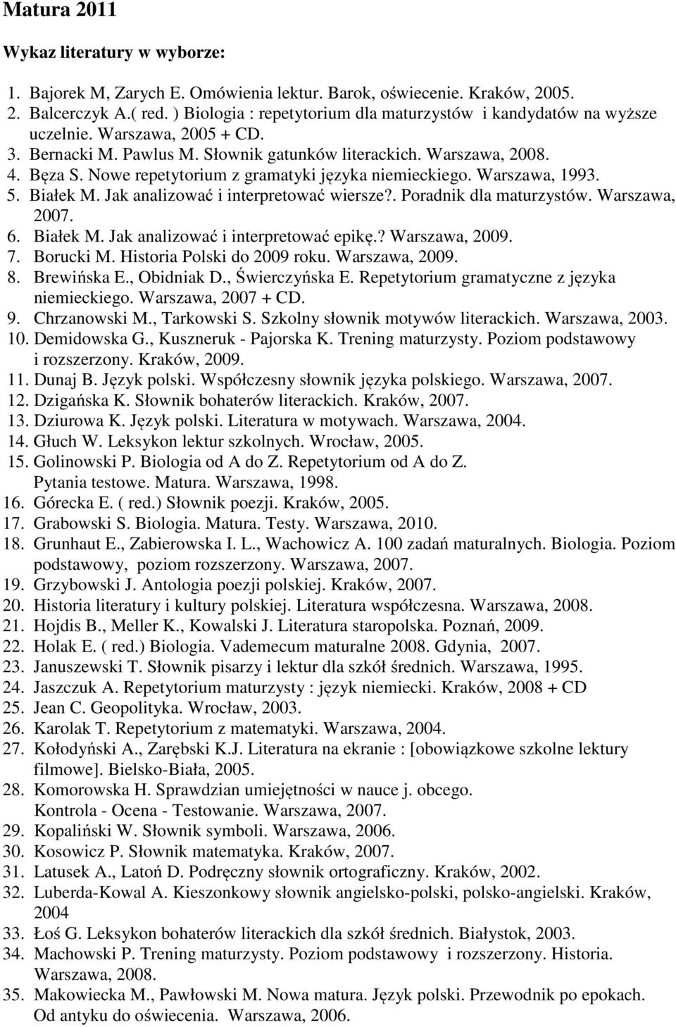 Nowe repetytorium z gramatyki języka niemieckiego. Warszawa, 1993. 5. Białek M. Jak analizować i interpretować wiersze?. Poradnik dla maturzystów. Warszawa, 2007. 6. Białek M. Jak analizować i interpretować epikę.