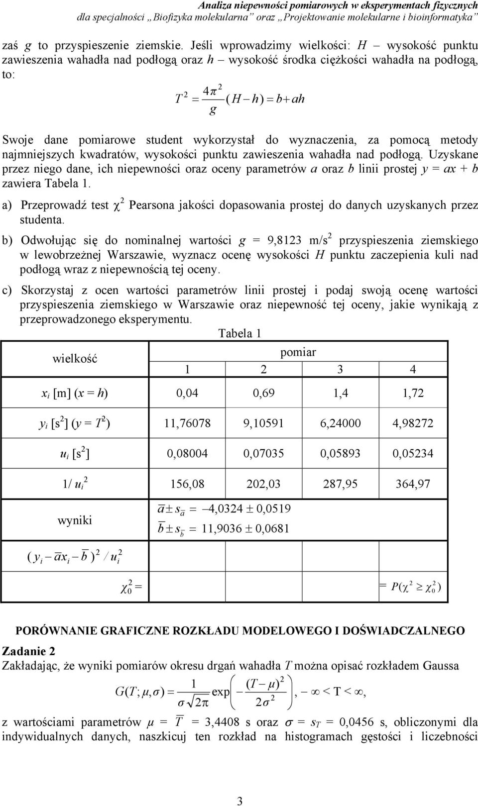 wyzaczeia, za pomocą metody ajmiejszych wadratów, wysoości putu zawieszeia wahadła ad podłogą.