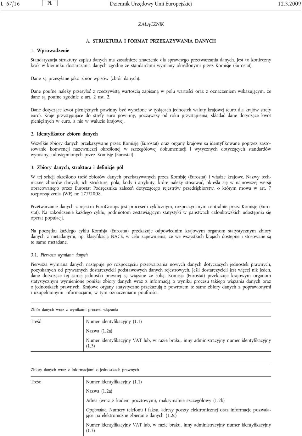 Jest to konieczny krok w kierunku dostarczania danych zgodne ze standardami wymiany określonymi przez Komisję (Eurostat). Dane są przesyłane jako zbiór wpisów (zbiór danych).
